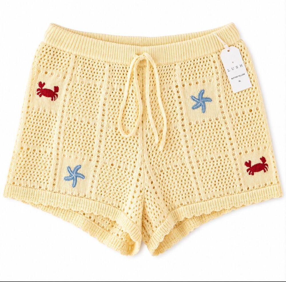 Lush Open Knit Beach Cover-Up Shorts Butter Yellow Embroidered XL NWT